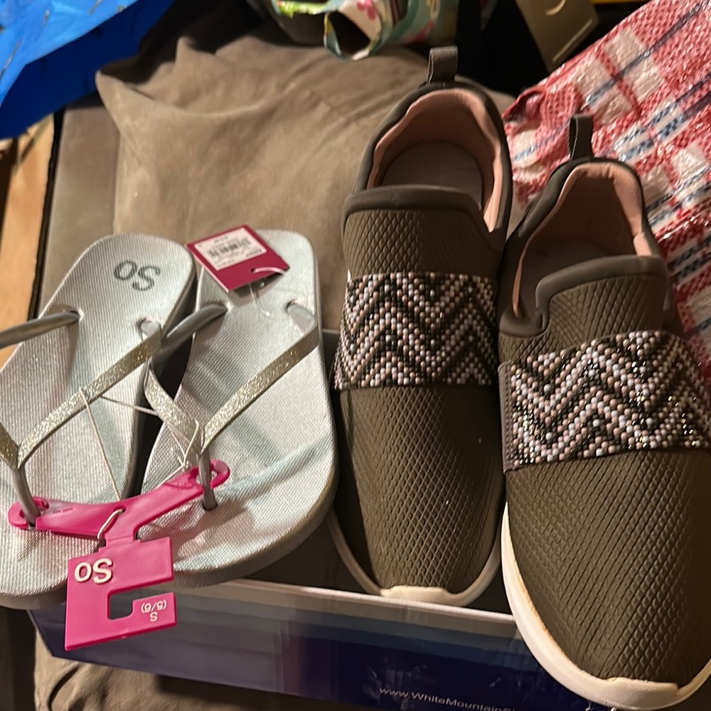 Olive Slip-On Sneakers and Silver Flip-Flops